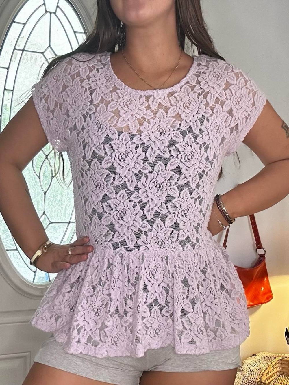 Ransom Light Lilac Lace Peplum Short Sleeve Top